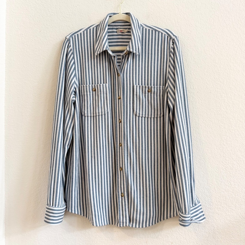 Faherty Willa Knit Shirt Blue White Striped Button Down Long Sleeve Large